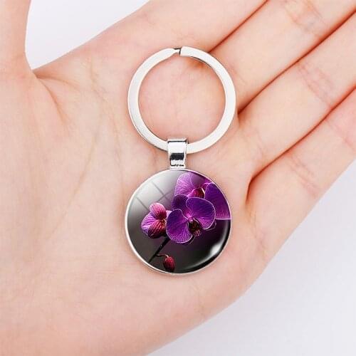 Purple Orchid Keychain Nature Gem Pendant Art Flower Glass Dome Keyring Plant Metal Valentines Day Gift