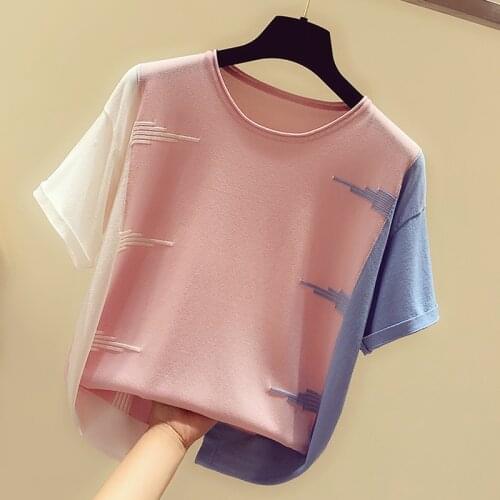 Shintimes Pink O-Neck T Shirts Women 2020 Summer Thin Knitted T-Shirt Women Casual Woman T-Shirts Hit Color Tops Tee Shirt Femme