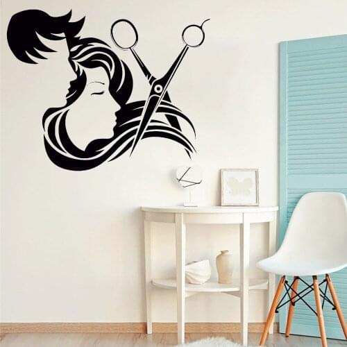 Man and Girl Long Hair Scissors Tools Art Decal Wall Sticker Barber Shop Decor Grooming Salon Wall Decal Vinyl Sticker WL308