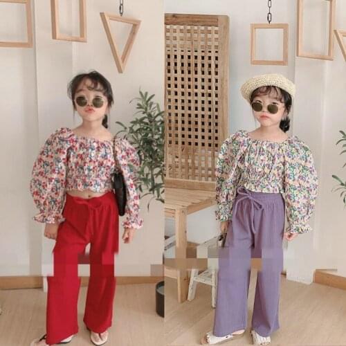 Girls sets puff sleeve floral blouse and wide-leg trousers 2021 fall fashion trend kids birthday party casual clothes