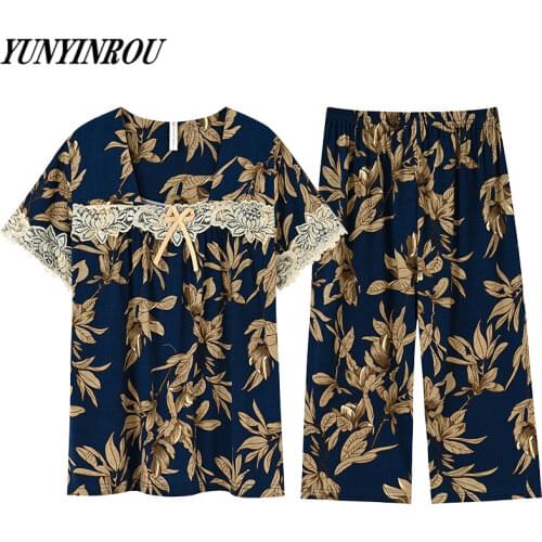 Summer Brand TR Modal Floral Print Womens Pajama Sets Elegant Nightwear Women Pajamas Calf-Length Pants Plus Size 4XL Sleepwear