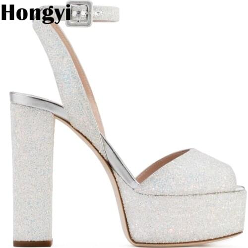 Hongyi summer sandals sexy women high heels sandals sweetly Bling Bling fashion buckle thick women platform sandals