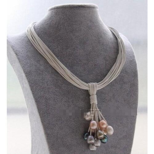 Hot sale Women Bridal Wedding Jewelry New 15Strands leather white pink black gray pearls Choker necklace pendant
