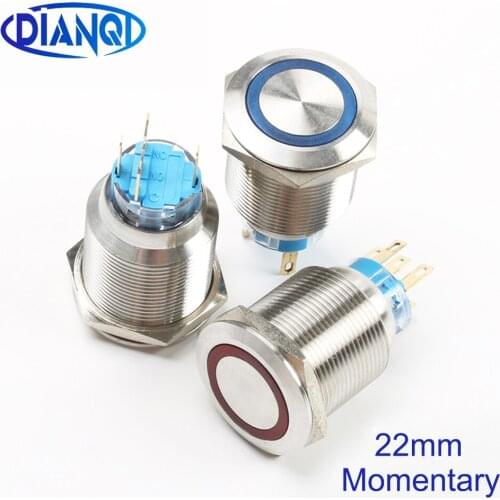Free shipping 22mm LED metal push button waterproof stainless steel momentary 1NO 1NC ring illumination flat switch 22HX.F.K5