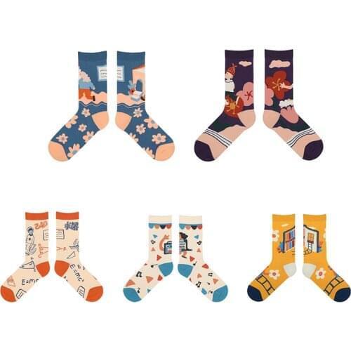 Q 1Pair Cute Print Fashion Tube Socks For Men Women Breathable Mid Tube Stockings Ins Cotton Socks Unisex