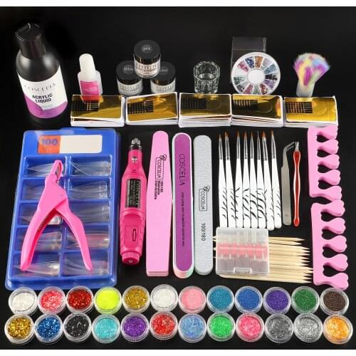 COSCELIA Acrylic Nail Kit Manicure Set For Nail All For Manicure Tools Acrylic Powder Liquid Brush With Drill Machine Lamp Set