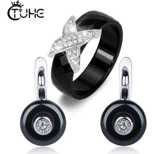 8mm Width X Cross Ceramic Rings Stud Earrings Wedding Party Jewelry Sets Bling Rhinestone CZ Healthy Ceramic Jewelry Sets Gift
