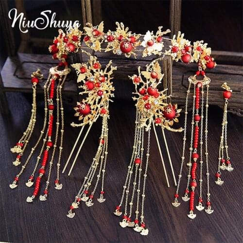 NiuShuya Classic Chinese Bridal Headdress Earrings Long Tassel Gold Butterfly Red Pearl Flower Wedding Jewelry Hair Accessories