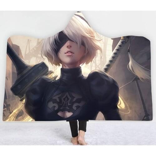 Anime NieR:Automata 3D Printing Throw Hooded Blanket Wearable Warm Fleece Bedding Office Quilts Soft Adults Travel
