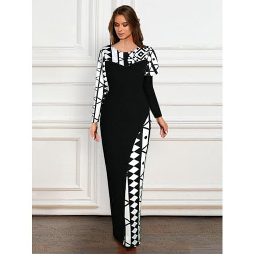 Women Black White Printed Dress Patchwork Vintage Long Sleeve Bodycon Retro Elegant Fashion Modest African Female Vestidos Gowns