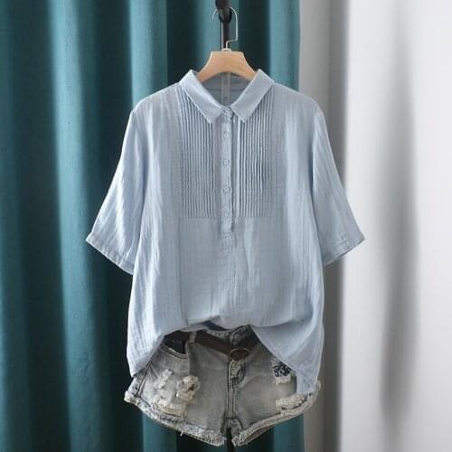 Lamtrip Pleated Peter Pan Collar Soft Cotton Yarn Short Sleeve Shirt Blouse 2021 Summer