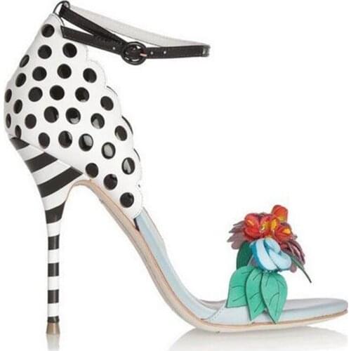 Fashion Flower Decor Sandals Polka Dot Stripe Sandals Stiletto Heels Summer Party Sandalia Shoes Thin Heels Ankle Strap Shoes
