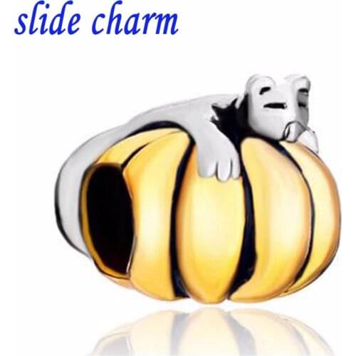Slide charm Free shipping golden pumpkin on Halloween St. crawling cat charm beads fit Pandora bracelet