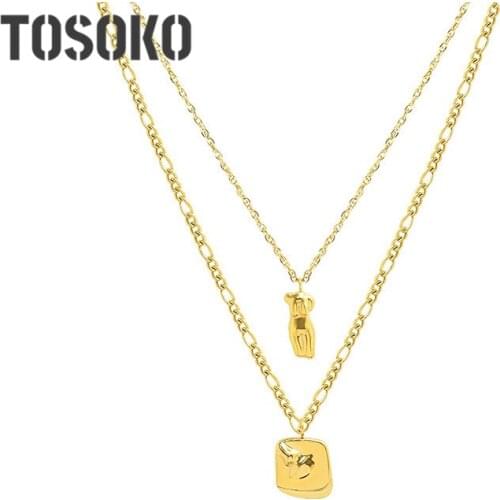 TOSOKO Stainless Steel Jewelry Figure Face Square Pendant Double Layered Necklace Womens Detachable Fashion Clavicle Chain 861