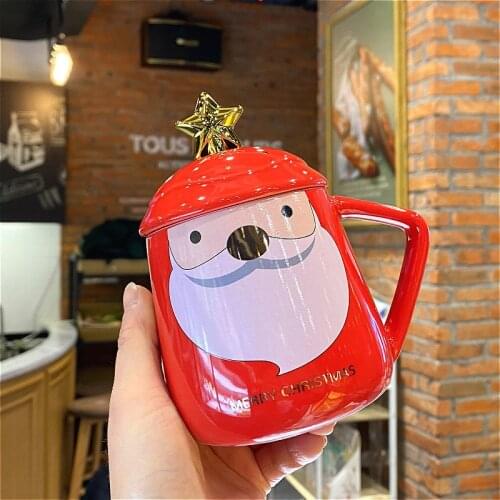 Funny Christmas Coffee Mug With Lid And Five-Pointed Star Spoon Creative Best New Year Gifts for Family Friends Ceramic Cup