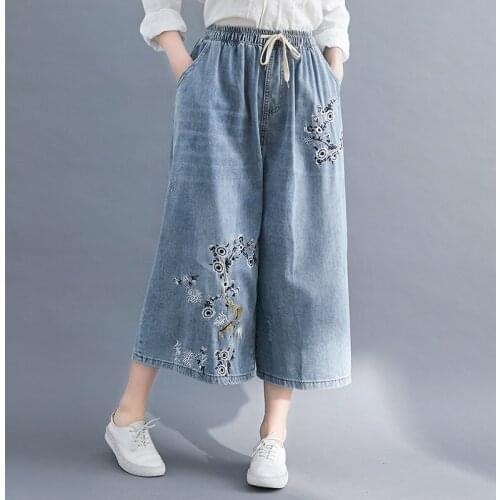 Chinese Trousers Women Embroidery Denim Capri Pants Wide Leg Loose Baggy Cropped Jeans For Women Chinese Style Bottoms 30947