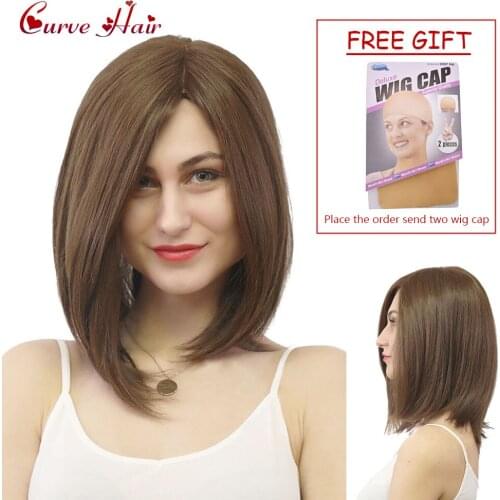 Synthetic Hair Lady Short Wigs Mix Brown Blonde Wig With Side Bangs Low Temperature Fiber Hand Tied Monofilament Women Wigs