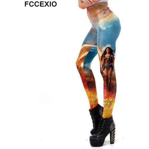 FCCEXIO Women Hot Leggings Movie Woman Print Fitness Sexy Legging Mid Waist Elastic Slim Legging Pants Plus Size Trousers