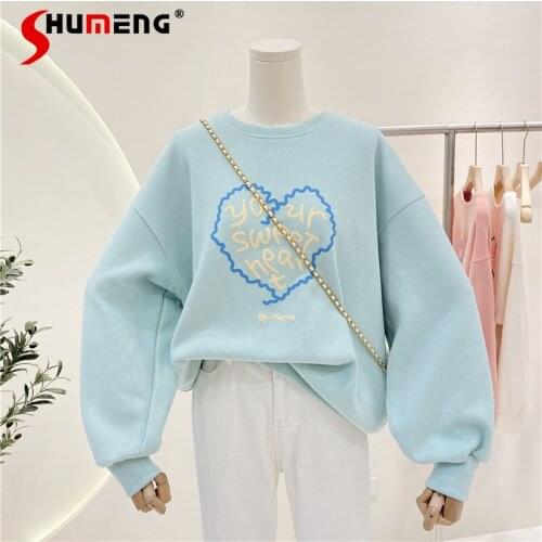 2021 Autumn New Korean Casual Peach Heart Print Top Womens Loose Slimming O-neck Pullover Sweatshirt Fashion Simple Hoodie