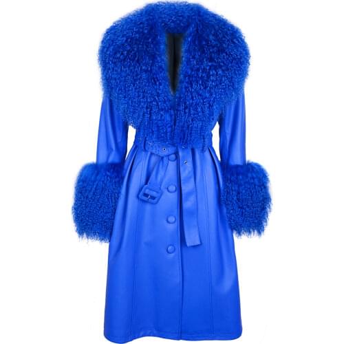 YOLOAgain Plus Size Women Real Fur Collar Genuine Patent Leather Trench Coat Long Windbreak