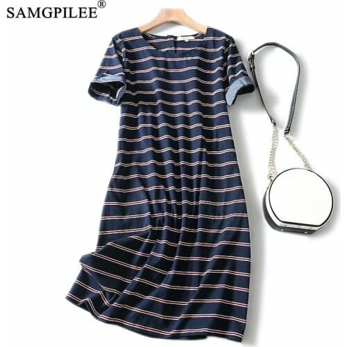 Plus Size Women 2020 Summer Cotton Striped O Neck Dress Woman Summer Dresses Casual Casual Mini Dress Straight Dresses Female