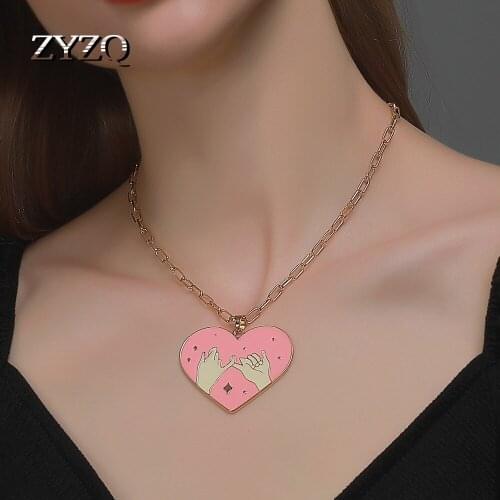 ZYZQ 2 pc Simple Pink Heart-shaped Couple Necklace Kawaii Love Drop Oil Pendant Necklace Valentine Gift Jewelry