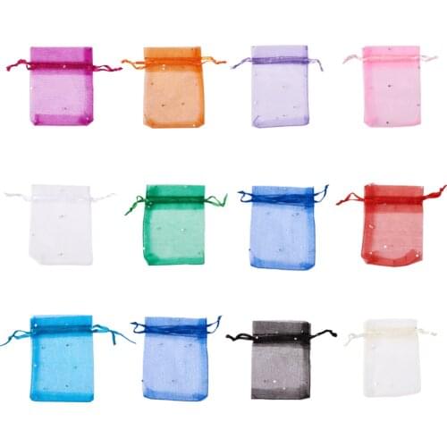 100pcs/lot 9x7cm Presents Organza Bags with Sequins & Ribbons Pouches for Valentine Christmas Xmas Party Gift Candy Packages