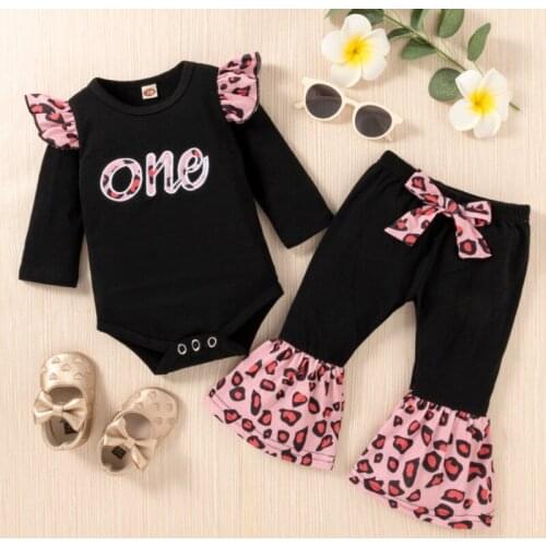 2Pcs Baby Autumn Outfits, Letters Long Sleeves Romper + Leopard Print Flare Trousers for Toddler Girls, 0-24 Months