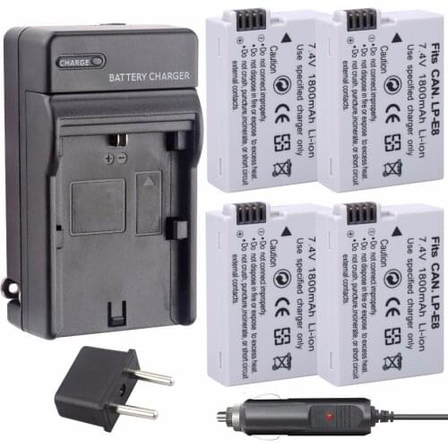 4Pcs Probty LP-E8 LPE8 LP E8 Camera Battery + DC Charger kit For Canon EOS 550D 600D 650D 700D Rebel X4 X5 X6i X7 1800mAh
