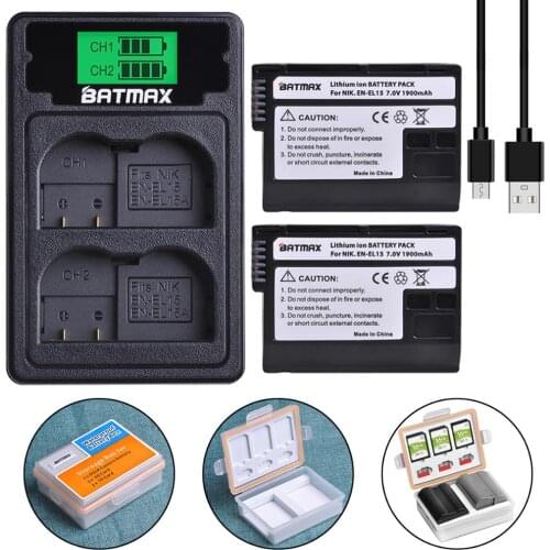 Batmax EN-EL15 ENEL15 Battery+LCD Dual Charger with Type C Port for Nikon D600 D610 D600E D800 D800E D810 D7000 D7100,Z6, Z7