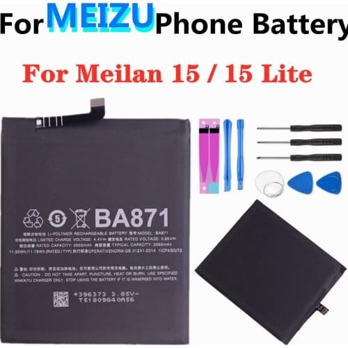 BA871 Battery 3060mAh For Meizu Meilan M 15 / 15 Lite M871H Mobile Phone Battery High Capacity Replacement Batteries + Tools