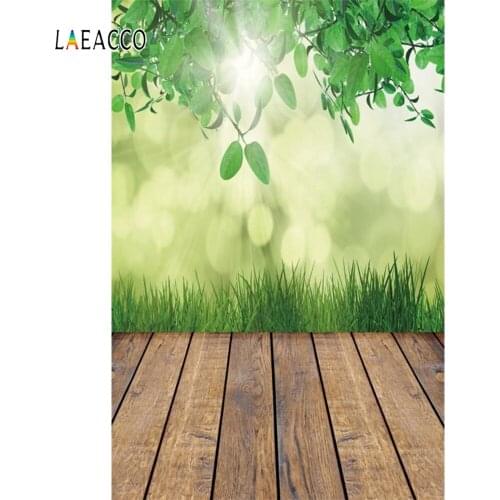 Laeacco Spring Photophone Grass Leaf Bokeh Wooden Floor Photography Backdrops Baby Newborn Portrait Photo Backgrounds Photozone