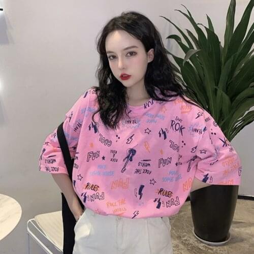 Mid-length T-shirt Harajuku Preppy Style Print Round Collar Short-sleeved Loose Oversized Tee Shirt Femme