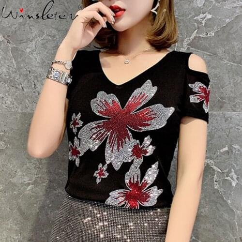 Summer Korean Style Mesh T-Shirt Girls Fashion Off Shoulder Shiny Diamonds Women Tops Short Sleeve Sexy Back Tees 2021 T12902A