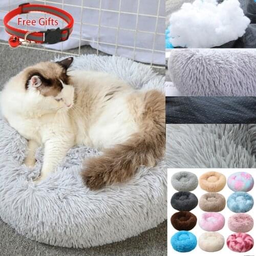 Cat Bed Round Plush Cats House Pet Bed For Cat Soft Bed Pet Cushion Dog Basket Anti-stress Bed For Dogs+Collar Bell