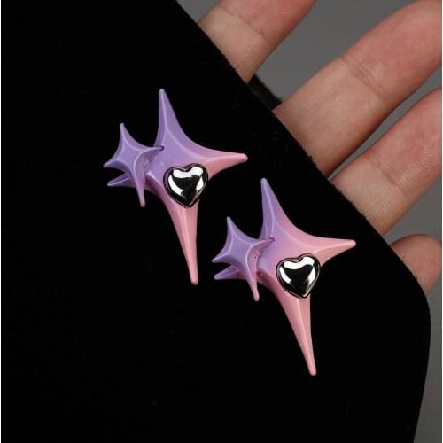 Lifefontier Design Cool Pink Purple Gradient Stud Earrings for Women Girls Star Heart Shaped Unusual Earrings Korean Jewelry