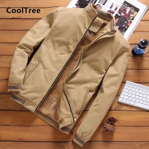 CoolTree Men Jackets Autumn Winter Plus Fleece lining Thick Warm Casual Coats Male Solid color Slim Fit Zipper Cotton Outerwear