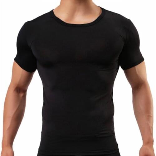 Mens Sexy Super Thin T shirt Ice Silk Tight Fitness Undershirt T-shirt Short Sleeve Tops Breathable Tshirt Male Tee Black