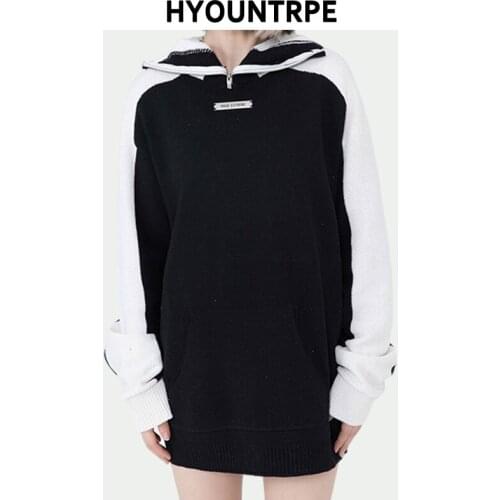 Men Hip Hop Streetwear Harajuku Sweater Knitted Hooded Sweater Turtleneck Tops Fashion Casual Patchwork Cotton Pullover Sweaters