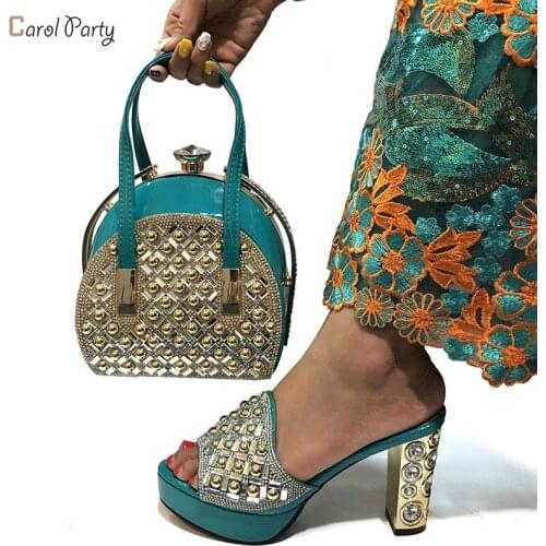 2020 New Arrivals Style Italian design Teal Color Ladies Shoes And Bag Set African High Heels Shoes And Bag Set For Party