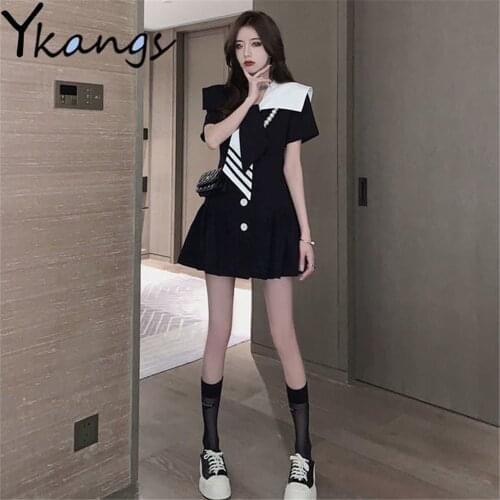 Sailor Collar Black White Splicing Mini Dress Summer Preppy Style Slim Elegant Feminino Clothing Big Size Short Sleeve Vestidos