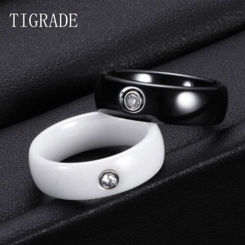 Tigrade 6mm Unisex Ceramic Ring For Men Woman White Black Rings With Big Crystal Wedding Band Size 6-10 Gift bague femme homme