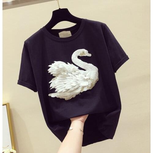 Heavy industry embroidered three-dimensional swan t-shirt women summer heavy industry diamond sequins loose top tees