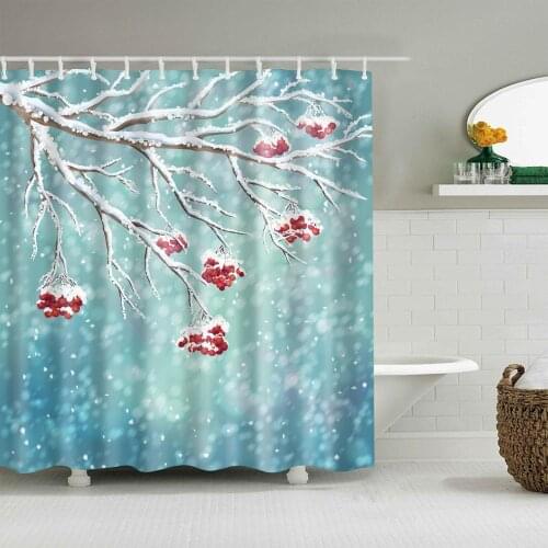 Plant Shower Curtain Red Fruit Winter Snowy Fashion Bath Accessories Set with Hooks Waterproof Polyester Fabric Bathroom Decor