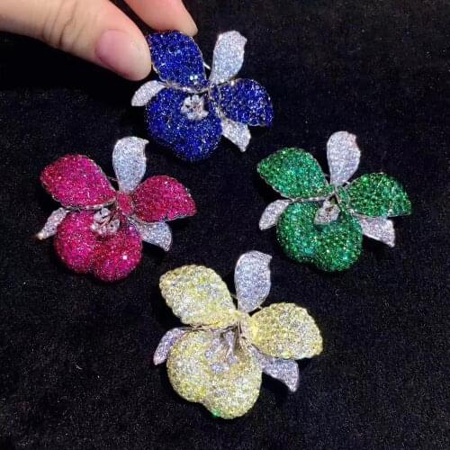 925 sterling silver with cubic zircon flower brooch pin orchid blue green yellow rose red color high quality 41*45MM fashion