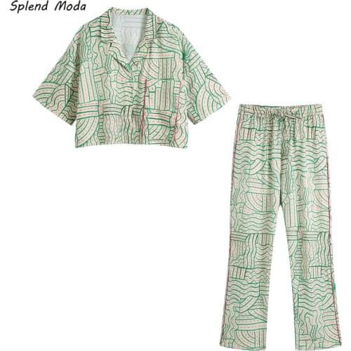 2021 Summer New Women Vintage Printed Lapel Short-Sleeved Shirt + Elastic High-Waist Lace-Up Casual Flared Pants Loose Fashion