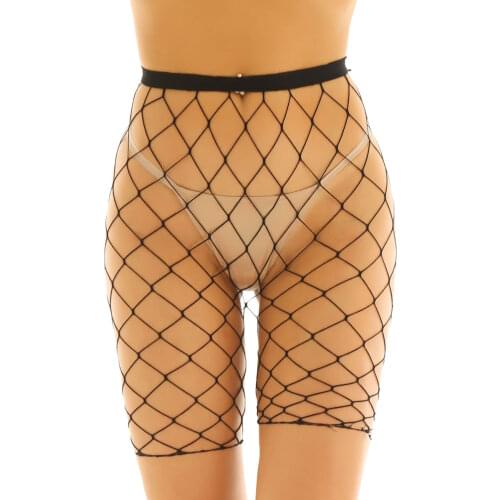 Women Black Hollow Out Fishnet Mesh See Through High Waisted Knee Length Legging Hot Half Pants Sexy Erotic Underwear Lingerie