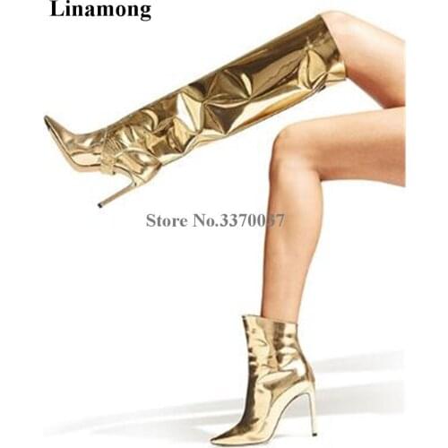 Women Newest Fashion Pointed Toe Gold Knee High Thin Heel Boots Buckle Straps Long High Heel Boots Club Shoes