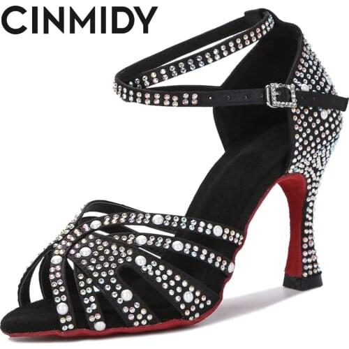 Black Latin Dance Shoes Women Tango Salsa Jazz Ballroom Rhinestones Dance Heels Women Wedding Shoes Ladies High Heels 7.5CM
