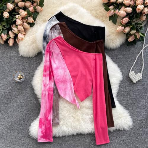 New Short Fall Tops Mujer Skew Collar Tie Dye Patchwork Full Sleeve Off The Shoulder Rose Asymmetrical Tees Women Freeshipping